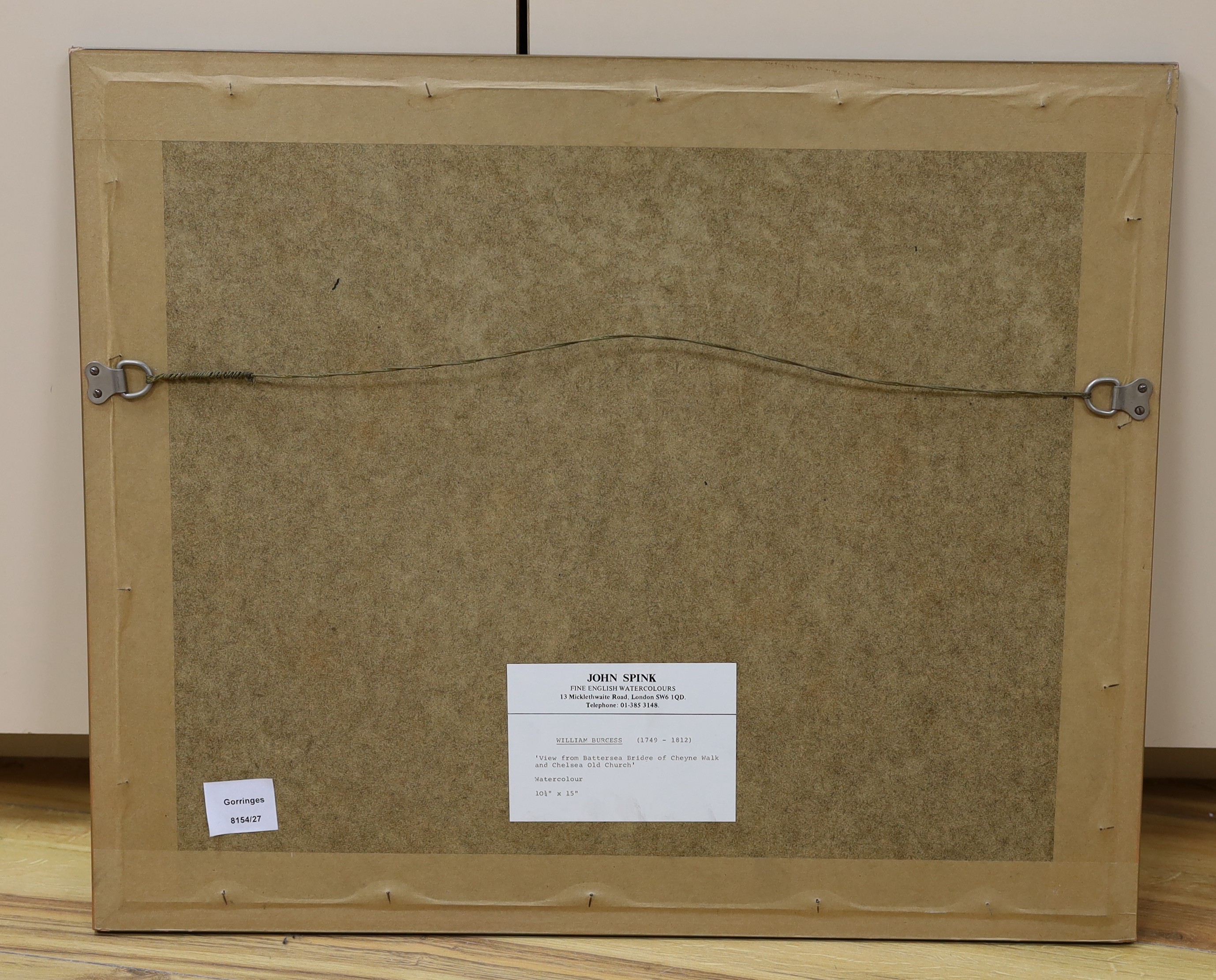 John Burgess (1749-1812), watercolour and pencil, View from Battersea Bridge of Cheyne Walk and Chelsea Old Church, indistinctly signed lower right, 27 x 39cm